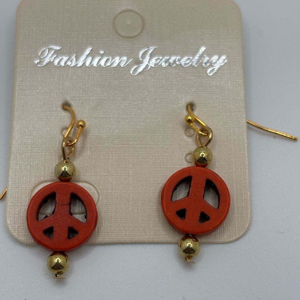 Gold Red Peace Sign Earrings